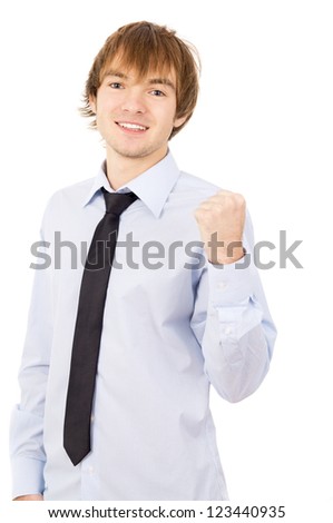 the happy guy is so pleased with himself, dressed in a shirt and tie isolated on white background