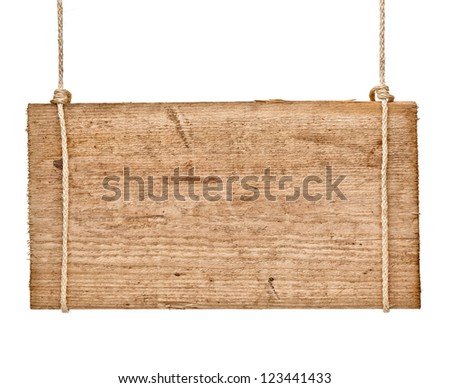 close up of an empty wooden sign hanging on a rope on white background