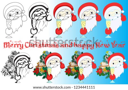 Santa Claus with champagne and gifts in his hands for the New Year and Christmas greeting cards.