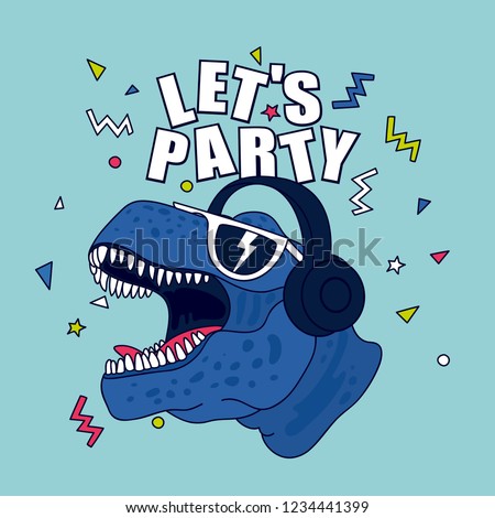 Let's party.Dinosaur character design.Cute drawing.Fun t-shirt design for kids.Vector illustration design for fashion fabrics, textile graphics, print.