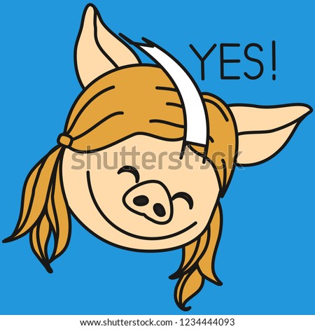 emoji with smiling blonde pig girl with pigtails who is saying yes and nodding, simple hand drawn emoticon, simplistic colorful picture, vector art with pig-like characters