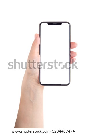 Smartphone with a blank white screen. New popular smartphone in hand on white background.