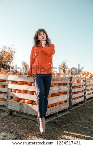 Young woman on a pumpkin farm. Beautiful girl near pumpkins. A girl with a pumpkin. Pumpkin Field. Europe farm.