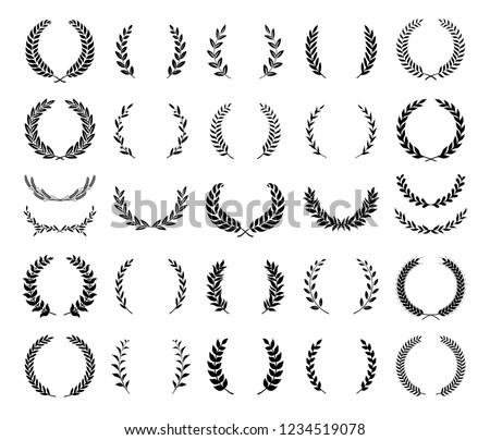 Collection of different black and white silhouette circular laurel foliate, olive,  wheat and oak wreaths depicting an award, achievement, heraldry, nobility. Vector illustration. Royalty-Free Stock Photo #1234519078