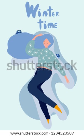 Cute card. Winter time. Snow sweetie girl. Blue background. Vector