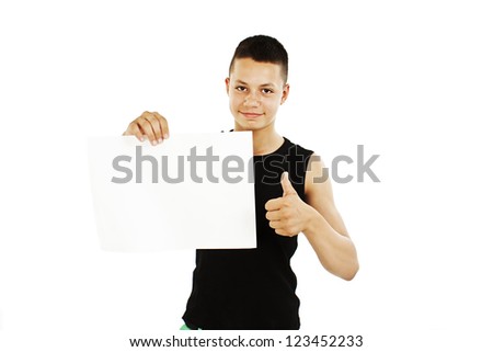 Young man holding blank sign, ok sign. Isolated on white background