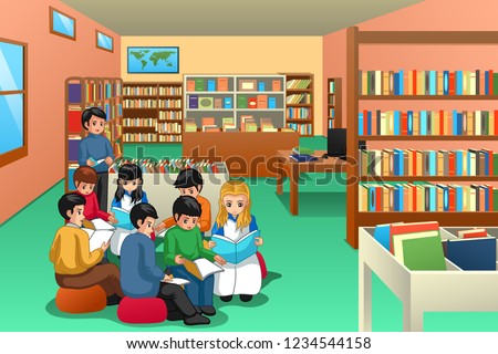 A vector illustration of Group of School Kids Studying in Library