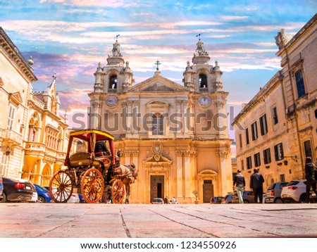 Historic architecture of Metropolitan Roman Catholic Cathedral of Saint Paul in main town square of Mdina village in  Malta, Europe