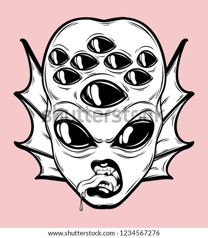Vector hand drawn illustration of angry alien with many eyes isolated . Creative tattoo artwork. Template for card, poster, banner, print for t-shirt, pin, badge, patch.