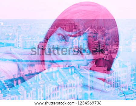 a beautiful woman in a double exposure image looks thoughtfully into the distance