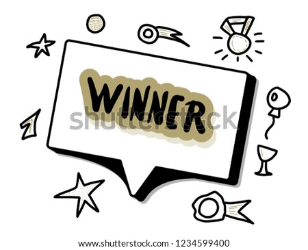 Winner lettering with speech bubble and doodle victory symbols. Hanwritten quote conceptual illustration. Vector design. 