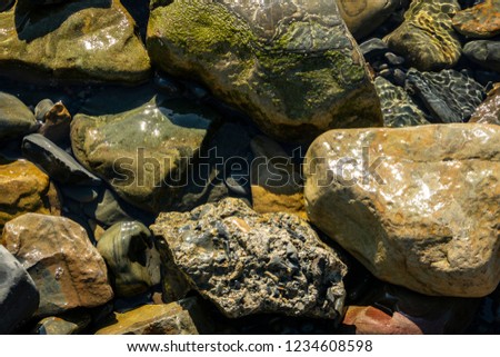 Sea stones and rocks of different sizes and texsture of black, gray and brown under the water on the Black Sea coast as nature bacground. Excellent concept for any design