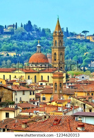 Italian urban landscape. Top of buildings in the old city with green hills in the background. Italy, Florence 