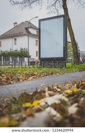 Blank white billboard or city light display on an avenue during daylight and between the trees. Autumn leaves in the foreground