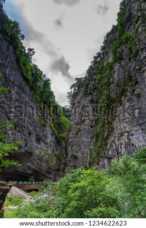 Gorge in the mountains and green trees of Abkhazia.Summer clouds day