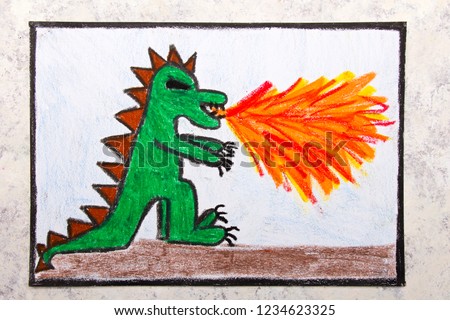  Colorful hand drawing: dragon spitting fire. Fire breathing dragon on paper.