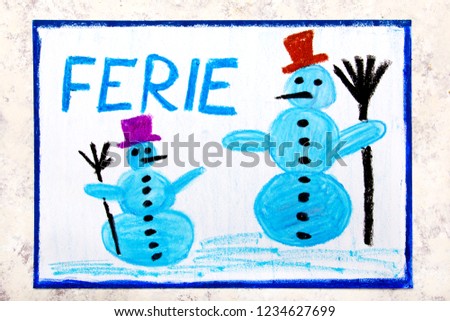 Colorful drawing of the page: Two smiling snowmans and the Polish word WINTER VACATION