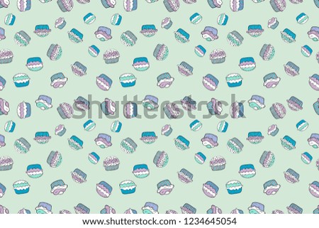 Raster. Nice birthday pattern on gray, white and blue. For food poster design. Cake muffin cute seamless pattern.