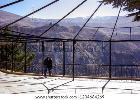 People on the observation deck in the mountains of Lebanon overlooking the Qadisha Valley in the area of Bcharre Lebanon