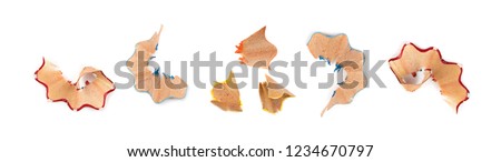 Color wood pencil with sharpening shavings isolated on a white background. Vintage wooden pencils with shaving garbage, waste or cutting peel Royalty-Free Stock Photo #1234670797