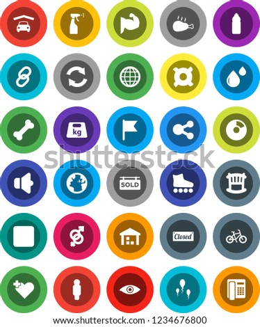 White Solid Icon Set- sprayer vector, chicken leg, flag, pie graph, man, any currency, bike, muscule hand, roller Skates, water bottle, bone, earth, warehouse, weight, speaker, link, stop button