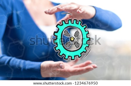 Business process concept between hands of a woman in background