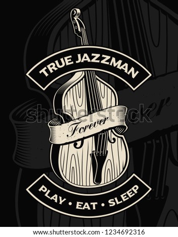 Vector illustration of double bass with ribbon, on the dark background. Text is on the separate group.