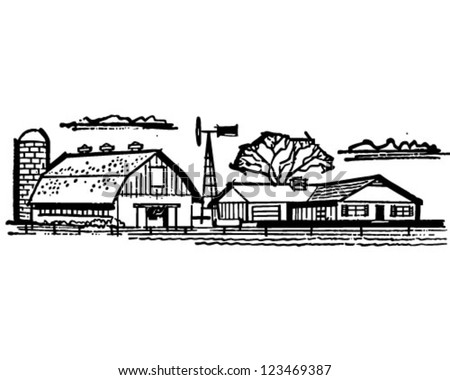 Farmhouse And Barn - Retro Clipart Illustration