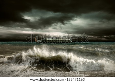 View of storm seascape with historical ship