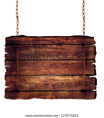 Wooden sign hanging on chains isolated on white.