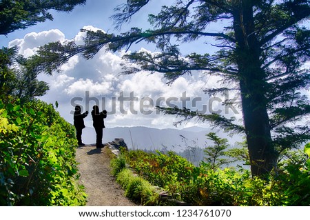 Silhouetted tourists take pictures from viewpoint above Cape Perpetua, Oregon coast