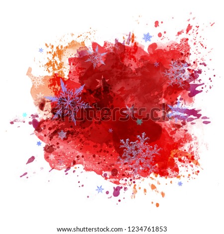 Bright Red Colorful Splash Stain with Snowflakes. Artistic Marketing Sign for Christmas, New Year, and Winter Holidays' Greeting Card, Retail Sign, Invitation, Announcement, Advertisement, Clip Art.