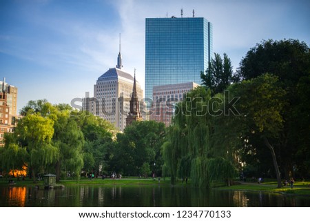 Skyline view of Boston, Massachusetts, from the Public Garden.