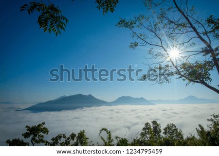 Mountainous landscape with sky and beautiful mist.,Phu Tho Chiang Khan Thailand