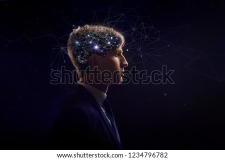 Profile of man with symbol neurons in brain. Thinking like stars, the cosmos inside human, background night sky Royalty-Free Stock Photo #1234796782