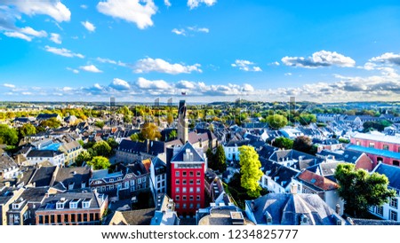 Aerial view of the historic city of Maastricht in the Netherlands as seen from the tower of the Sint Janskerk (St.John Church) which is at the Vrijthof square in the center of the city Royalty-Free Stock Photo #1234825777