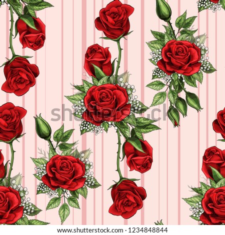 Red rose flower bouquet spreads scarlet creeper elements vector seamless pattern. Happy mother day, womens day, girls birthday, Valentines day. Gift box paper, wallpaper or linen design