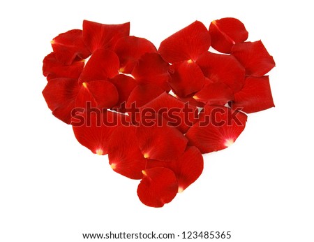 Red rose petals heart isolated on white background. Valentine's day concept