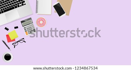 Office supplies on purple background, top view header. Vector illustration