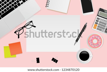 Blank white note paper with notebook, pen, black metallic paper clips, calculator, coffee cup, donut, eyeglasses and smartphone on pink background. Vector illustration