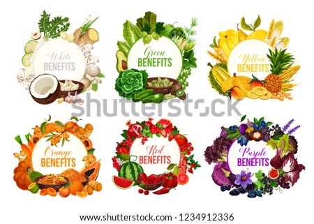 Fruits and vegetables, detox color diet vector icons. Berries and nuts, herbs, spices and dried fruits. Food sorted by colors for proper nutrition and dieting program, benefits for health and immunity Royalty-Free Stock Photo #1234912336