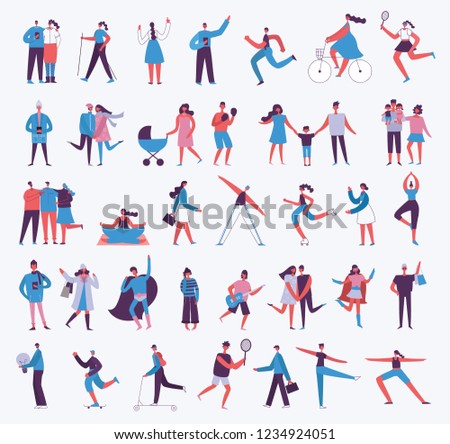 Vector illustration in a flat style of different activities people characters - dancing, working, doing sport activities and the friends.