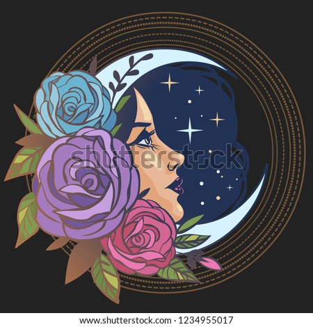 Female face with roses, Moon and stars. Vector hand drawn tattoo illustration