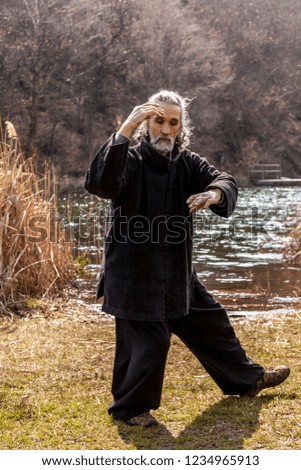 mature man practicing Tai Chi discipline outdoors in a lake park on a winter day
