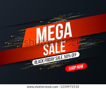 Abstract Mega sale banner with gold halftone glitter effect for special offers, sales and discounts. Promotion and shopping template for Black Friday 50% off
