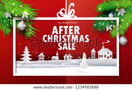 Paper cut and craft After Christmas Sale applique background with realistic fir tree branches. Landscape with houses, snowman in Holiday banner. Vector illustration. Xmas, Happy New Year greetings