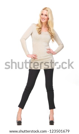 Attractive woman standing with a smile on her face and hands on hips. Isolated on white background