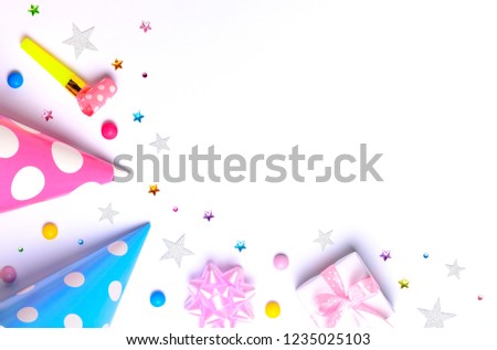 Flat lay decoration party concept on white background. Top view, copy space.