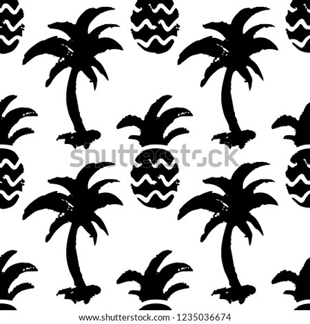Seamless pattern with sketch palm trees, pineapples. Background in black and white