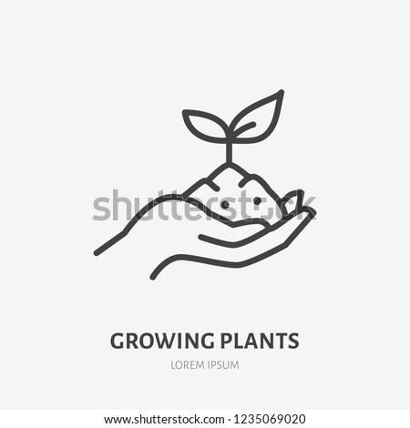 Hand holding soil with plant flat line icon. Vector thin sign of environment protection, ecology concept logo. Agriculture illustration. Royalty-Free Stock Photo #1235069020